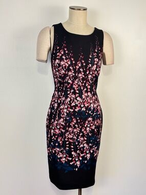Ivanka Trump Womens 4 Black Floral Sheath Dress - Pink Watercolor Floral Print